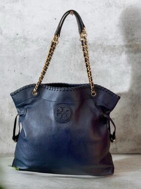 TORY BURCH MARION LARGE SLOUCHY TOTE DEEPEST NAVY PEBBLED LEATHER